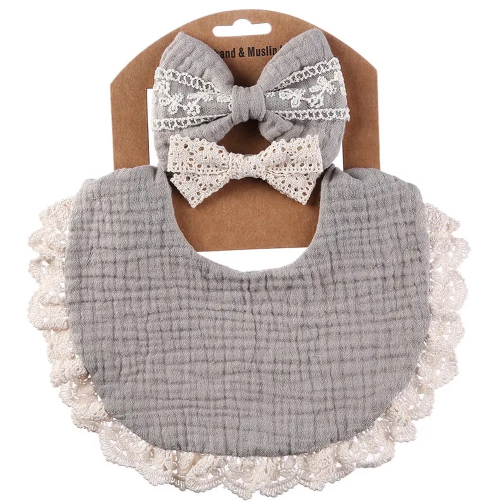 #6 GRAY MUSLIN COTTON BIB & HEADBANDS INFANT SET